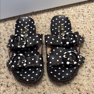 kate spade Black and White Polka Dot Double Buckle Slide Sandals